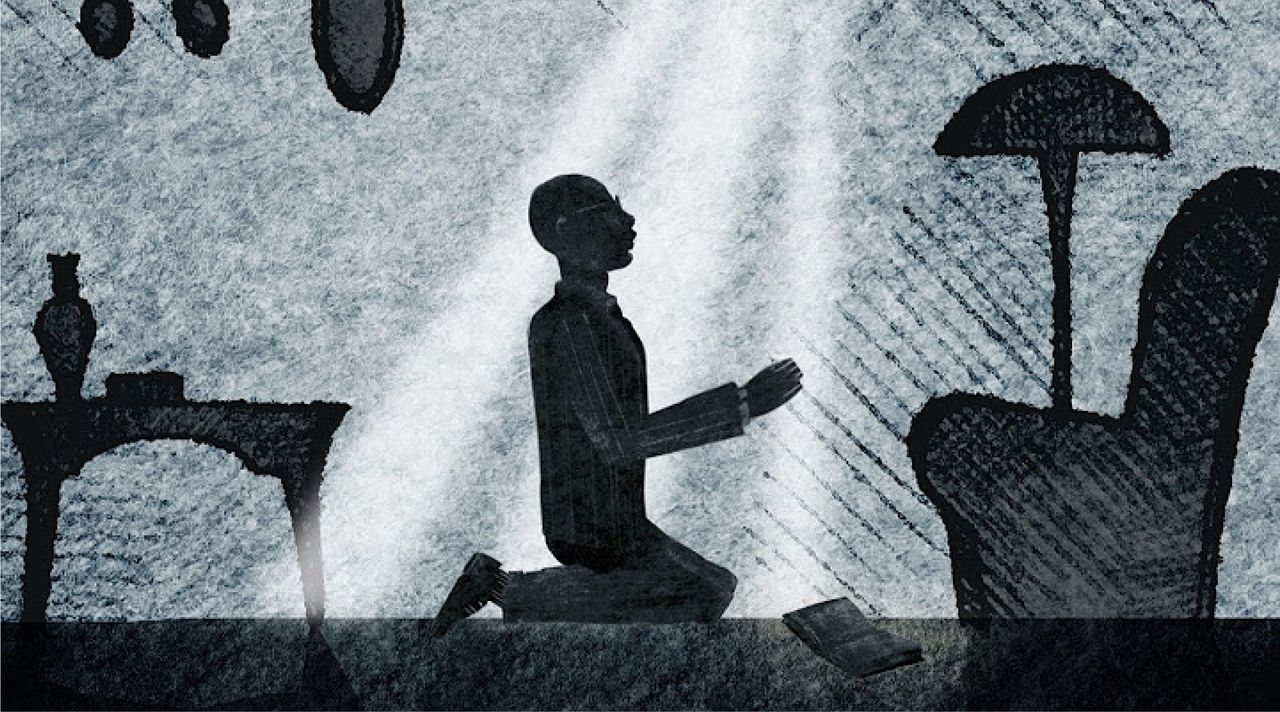 Illustration eines Mannes, der in seinem Wohnzimmer kniet und betet